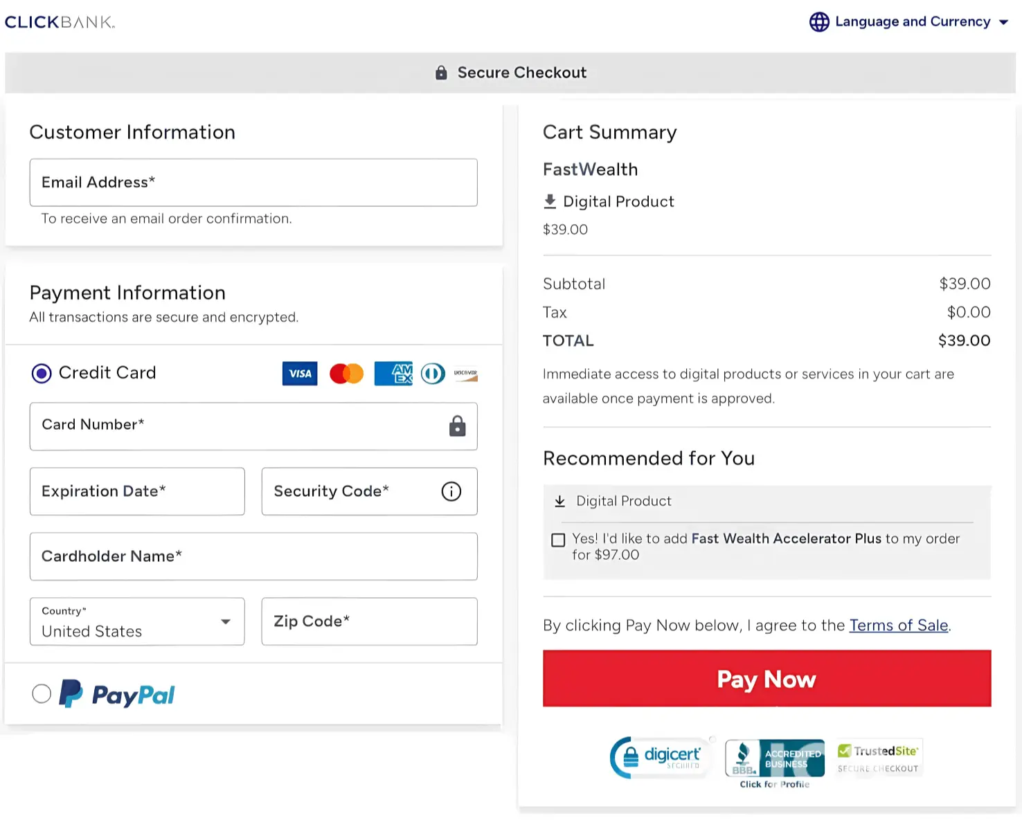 Fast Wealth Checkout page
